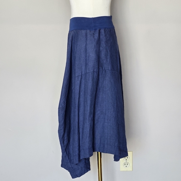 European Culture Linen Lagenlook Pull-on Navy Midi Asymmetrical Boho Skirt Small - Picture 4 of 11